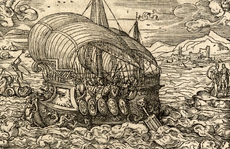 Gravure représentant le vaisseau transportant Énée et ses compagnons en Italie.