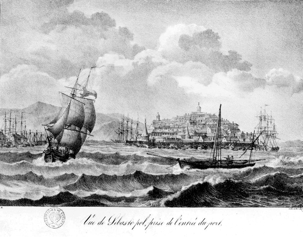 Vue de Sébastopol, prise de l'entrée du port. extraite de : Gamba - Voyage en Russie Méridionale - Atlas (1826) - Planche 2.