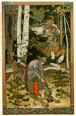 Gravure de Ivan Bilibine - Conte du tsarevitch Ivan, de l'oiseau de feu et du loup gris - Ivan sur le dos du loup gris - Hélène sur le dos du cheval à la crinière d'or
