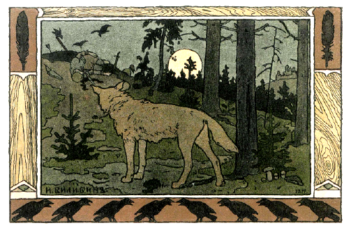 Gravure de Ivan Bilibine - Conte du tsarevitch Ivan, de l'oiseau de feu et du loup gris - Le loup gris sortant des bois - Ivan gisant au sol, et les corbeaux