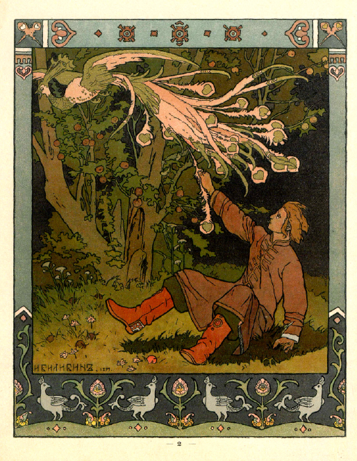 Gravure de Ivan Bilibine - Conte du tsarevitch Ivan, de l'oiseau de feu et du loup gris - Ivan et l'oiseau de feu