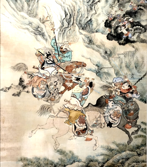 peinture chinoise
<br/>(peinture à l'encre et lavis d'encre) sur soie du milieu du XIXe siècle, illustrrant un épisode antique des Trois Royaumes.