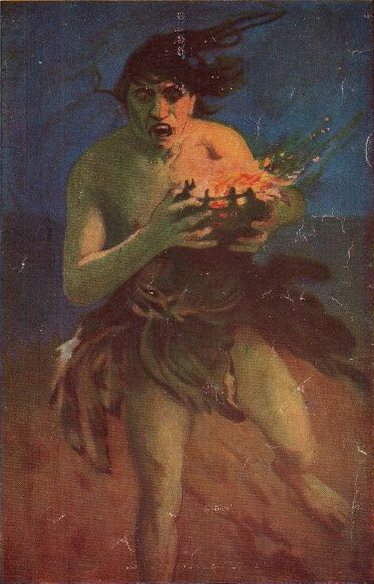 La Guerre du feu - Illustration de la 1ère page de couverture ; éditions Pierre Lafitte, 1921