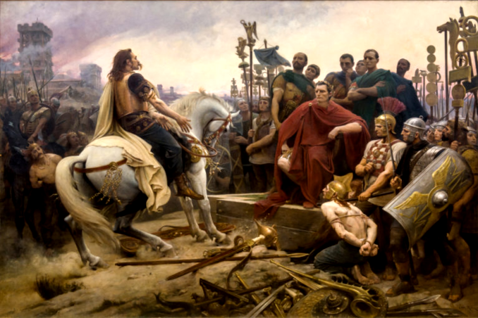 Tableau (toile ; peinture à l'huile) de Lionel Royer (1899) : Vercingétorix jette ses armes aux pieds de César. Musée Crozatier. H 172cm ; L 250cm.