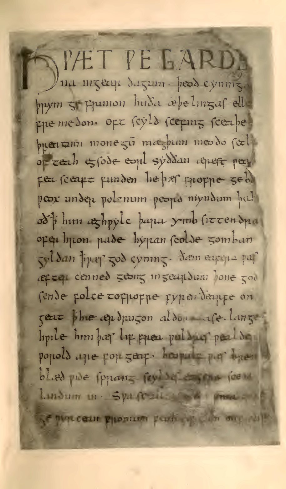 Manuscrit du Beowulf Cotton Vitellius A XV. Recto du folio 1.