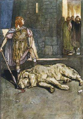 Setenta venant de tuer le chien de Culann, ce qui lui vaudra le surnom de Cuchulainn (Chien de Culann).