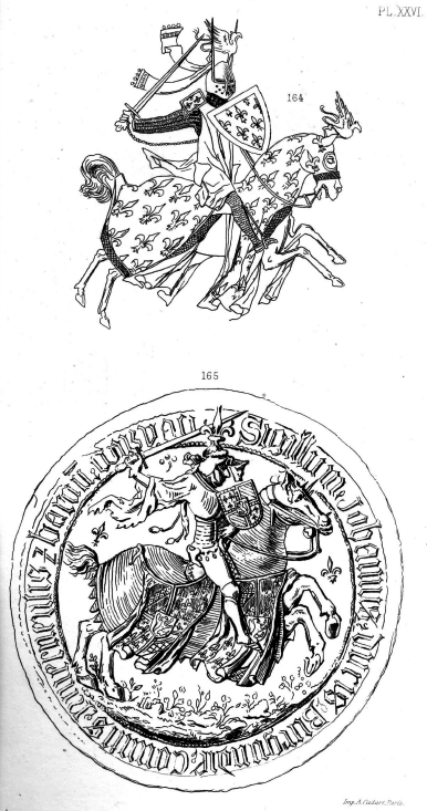 Reproduction de la planche XXVI (figures 164 et 165) de l'ouvrage de Germain Demay intitulé Le Costume de guerre et d'apparat d'après les sceaux du Moyen-Age.