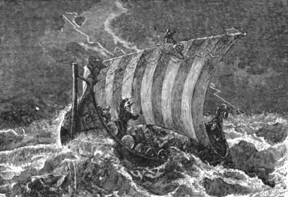 Navire viking bravant les profondes vagues de la mer.