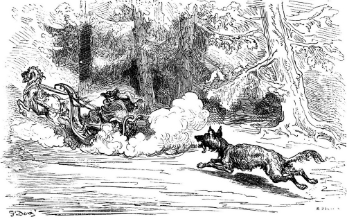 Gravure de Gustave Doré, extraite de : Aventures du Baron de Munchhausen. Traduction nouvelle de Théophile Gauthier. Paris : Jouvet et Cie, 1893. VII et 232 p. P. 7.