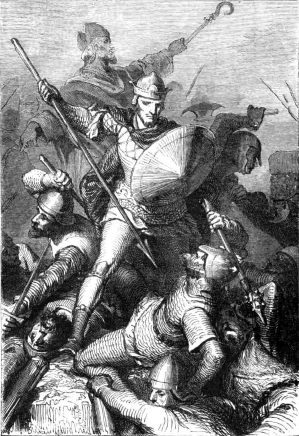 Reproduction d'une gravure tir&eacute;e d'une &eacute;dition de 1877 (cinqui&egrave;me &eacute;dition) de l'ouvrage de &Eacute;mile Keller intitul&eacute; Histoire de France. L'illustration est l&eacute;gend&eacute;e : Eudes, comte de Paris, et l'&eacute;v&ecirc;que Gozlin repoussent les assauts des Normands.
