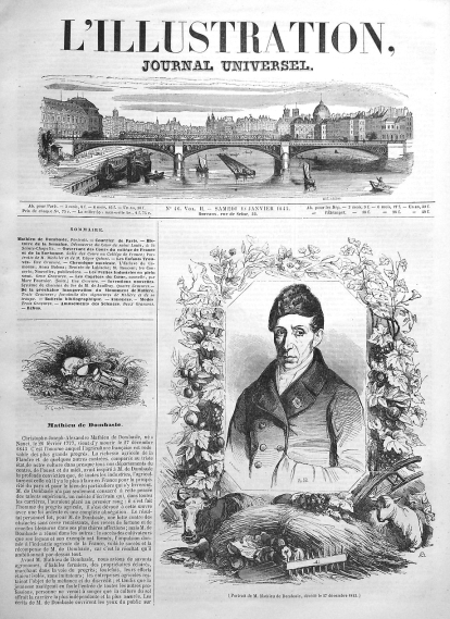 Reproduction de la première page de : L'Illustration, journal universel ; n° 46, vol. II, samedi 13 janvier 1844 (avec en bas, à droite, un portrait de C.-J.-A. Mathieu de Dombasle).