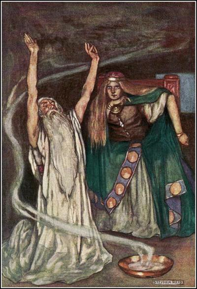 La reine Medb (Maeve - souvent - en anglais) trônant, et un druide officiant.