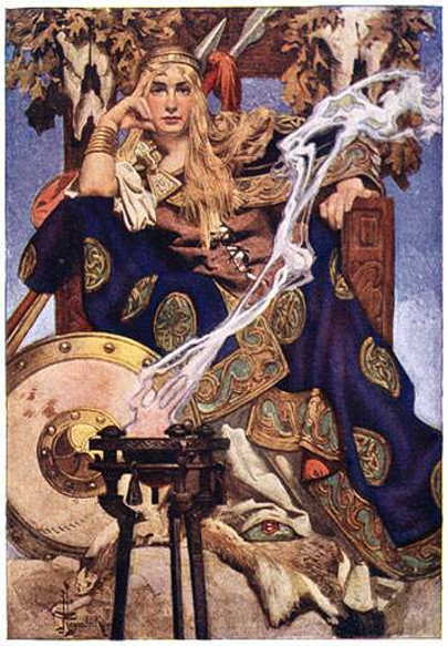 La reine Medb (Maeve - souvent - en anglais) trônant.