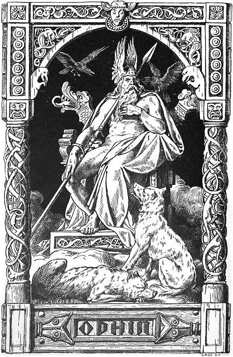 Odin trônant ; les deux corbeaux Huginn et Muninn, et les deux loups Geri et Freki.