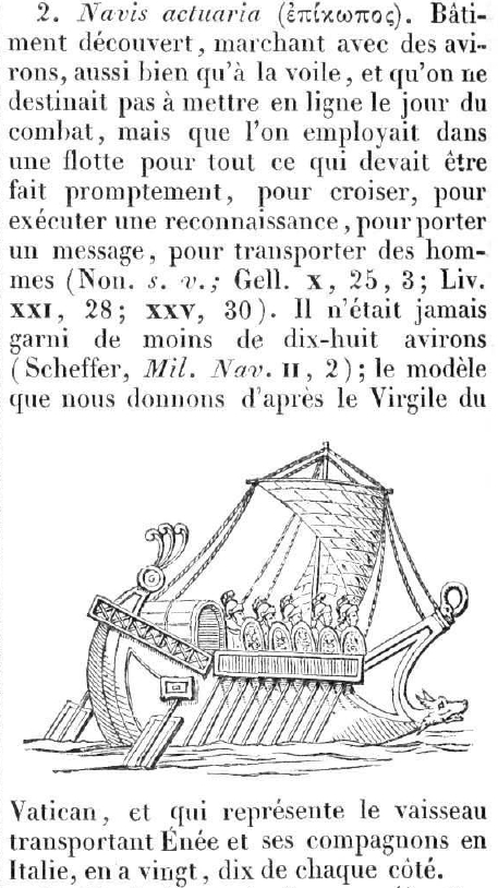 Reproduction du point 2 (Navis actuaria - p.424, col.2) de l'article NAVIS, du Dictionnaire des antiquités romaines et grecques d'Antony Rich (Paris : Firmin Didot, Frères, Fils et Cie, 1861). Vue à 250%.