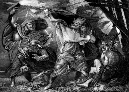 Gravure (l'illustrateur ne nous est pas connu) extraite de l'ouvrage du tome&nbsp;4 de l'&eacute;dition compl&egrave;te des œuvres de Shakspeare par Charles Gosselin (traduction de B. Laroche), &eacute;voquant Le Roi Lear (acte III, sc&egrave;ne IV).