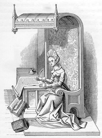 Reproduction d'une gravure extraire d'un ouvrage de Paul Lacroix (Les Arts au Moyen Âge et à l'époque de la Renaissance), légendée : Christine de Pisan, contemporaine des rois Charles V et Charles VI, assise sur une chaire à dorseret et à dais, en bois ouvré, avec tenture en laine ou en soie brochée. Miniature d'un manuscrit de la Bibl. de Bourgogne à Bruxelles. Quinzième siècle.