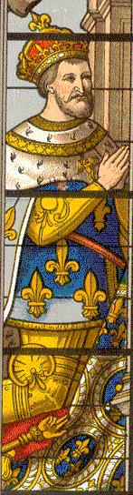 Reproduction (détail) d'une gravure (chromolithographie) de F. Kellerhoven, extraite d'un ouvrage de Paul Lacroix (Les Arts au Moyen Âge et à l'époque de la Renaissance), légendée : François Ier, et Éléonore sa femme en prières. Partie d'un vitrail de l'église Sainte-Gudule à Bruxelles (XVIe s.) d'après l'Histoire de la peinture sur verre en Europe de M. Edmond Lévy.