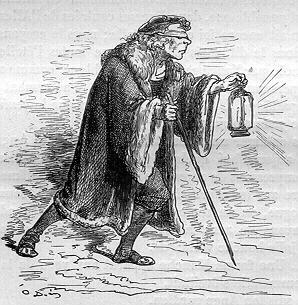 Reproduction d'une gravure de Gustave Doré. Description : homme marchant avec grande attention, un bandeau sur les yeux, tenant une canne d'une main et, de l'autre, brandissant en avant une lanterne.
