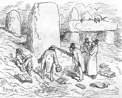 Reproduction d'une gravure de Gustave Doré. Description : de nombreux livres gisent au sol. Des savants, des historiens, des auteurs, dont certains portent des hauts-de-forme, discutent devant des menhirs, un dolmen. Semblant, peut-être, les surveiller, des oiseaux sont assemblés sur le dolmen.