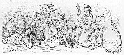 Reproduction d'une gravure de Gustave Doré. Description : un homme parle devant un auditoire d'autres hommes et d'animaux.