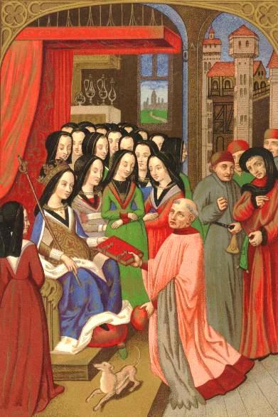 Illustration (reproduction partielle) extraite de l'ouvrage de Paul Lacroix intitulé : « Moeurs, usages et costumes au Moyen Âge et à l'époque de la Renaissance ». D'après une planche chromolithographique de F. Kellerhoven, légendée : « La cour des Dames de Marie d'Anjou, femme de Charles VII. Son chapelain, le savant Robert Blondel, lui présente le traité allégorique des : Douze perilz d'Enfer, qu'il a composé pour elle (1455). Fac-simile d'une miniature de cette ouvrage. Biblioth. de l'Arsenal. Costumes du XVe siècle. »