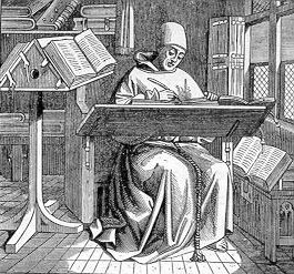 Reproduction d'une gravure extraite d'un ouvrage de Paul Lacroix (Les Arts au Moyen Âge et à l'époque de la Renaissance), légendée : Scribe, ou copiste dans un cabinet de travail, entouré de manuscrits ouverts, et écrivant sur un pupitre. D'après une miniature du quinzième siècle.