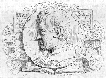 Portrait d'Antoine Isaac Sylvestre de Sacy, placé après la « dissertation » de l'édition Bourdin des Mille et une nuits. Reproduction d'une gravure figurant l'un des cinq cents portraits en médaillon réalisés par le sculpteur Pierre Jean David (David d'Angers).